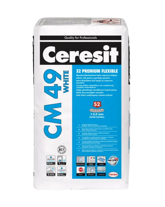 Ceresit CM49 White S2 Premium Flexible maksimaliai elastingi balti plytelių klijai, 20kg Ceresit CM49 White S2 Premium Flexible maksimaliai elastingi balti plytelių klijai, 20kg