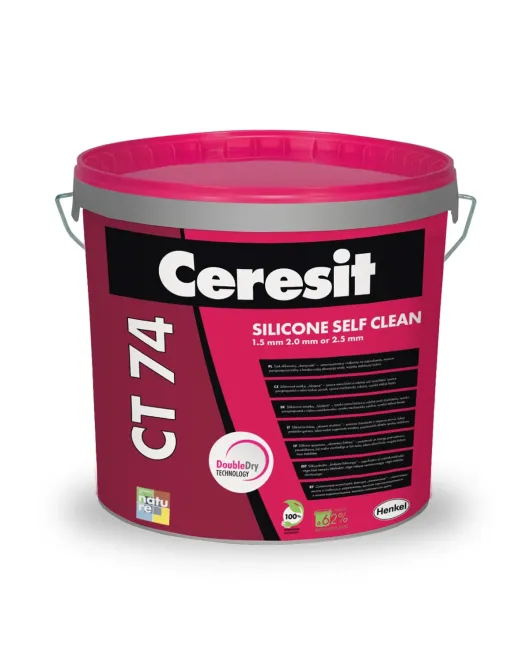 Ceresit CT74 Silicone Self Clean savaime išsivalantis silikoninis tinkas, akmenukų faktūra, frakcija 2,5 mm, balta bazė, 25kg