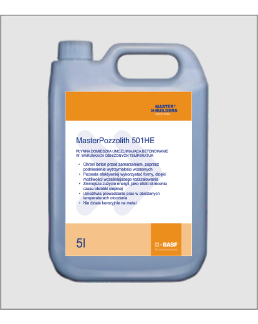 MasterPozzolith 501 HE - prieššaltinis priedas betonui - greitiklis, 5L MasterPozzolith 501 HE - prieššaltinis priedas betonui - greitiklis, 5L